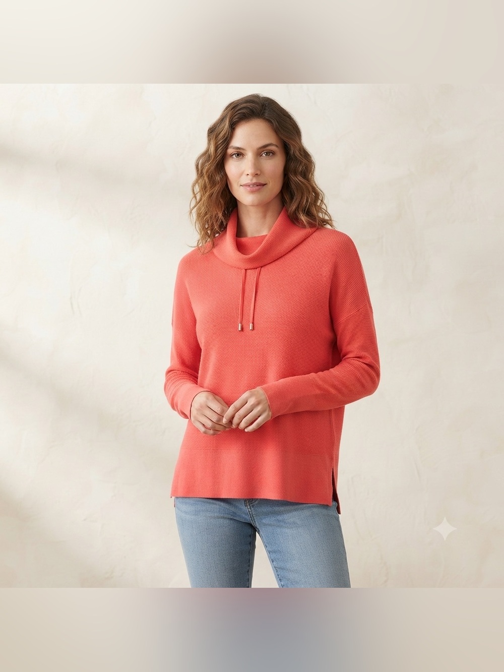 Jones New York Coral Waffle Knit Cowl Neck Long Sleeve Drop Shoulder Sweater